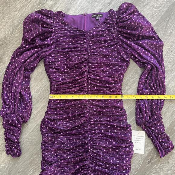 For Love & Lemons Purple Metallic Polka Dot Ruched Puff Sleeve Dress - Picture 8 of 8